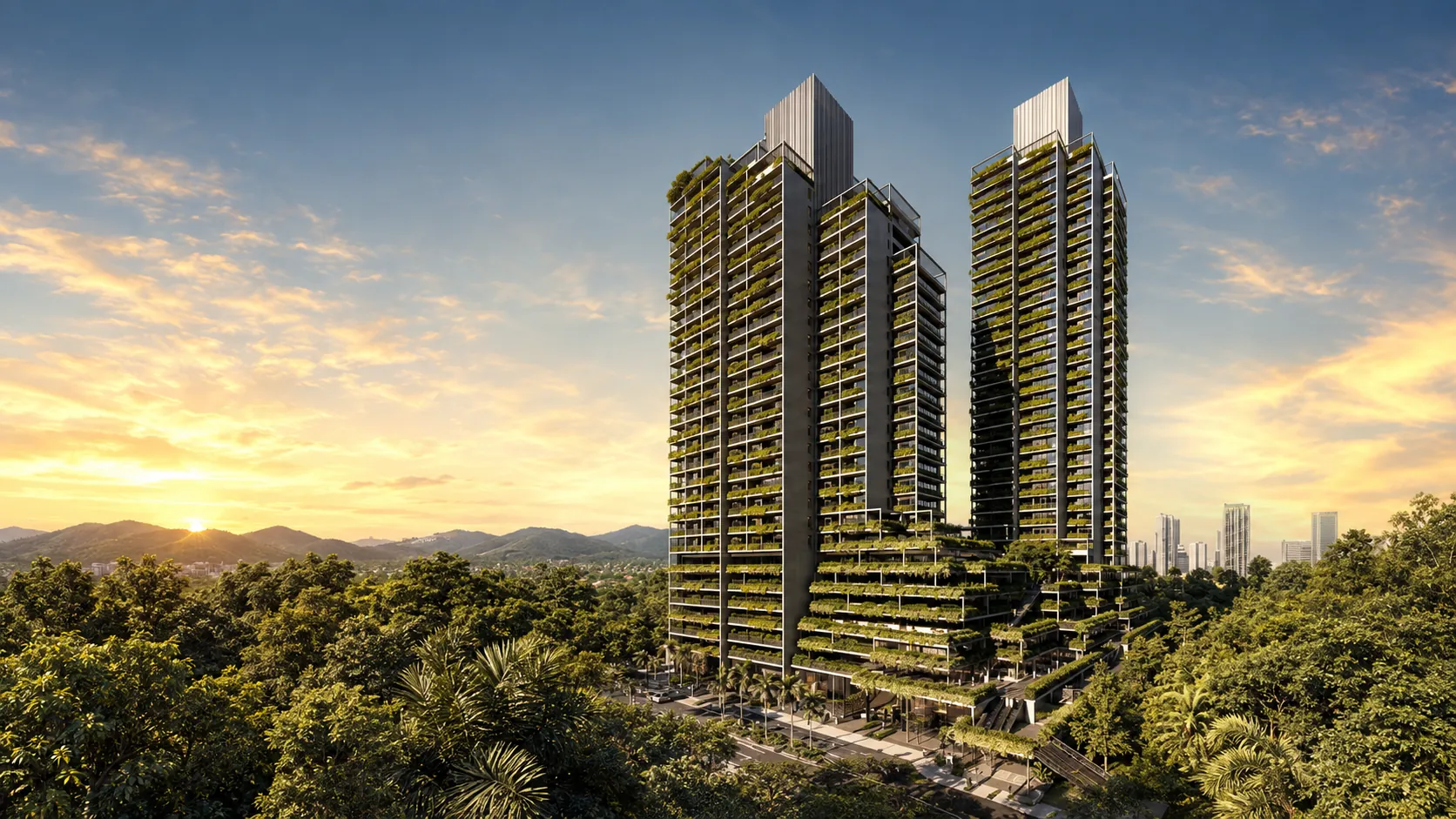 Perspectiva das torres do Tenet Art Home District em meio à floresta urbana